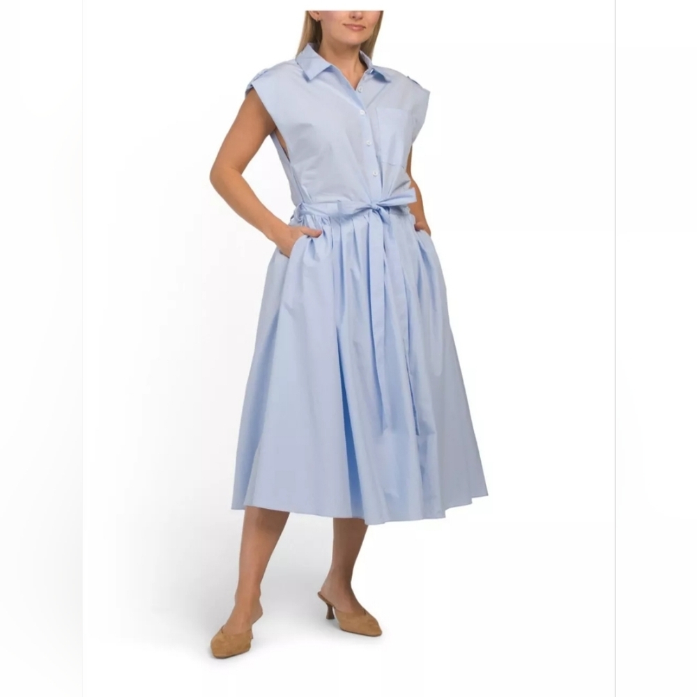 Zara Midi Blue Flared/Pleated Front Button Wrap Tie Waist Cotton Poplin Dress - Picture 1 of 12